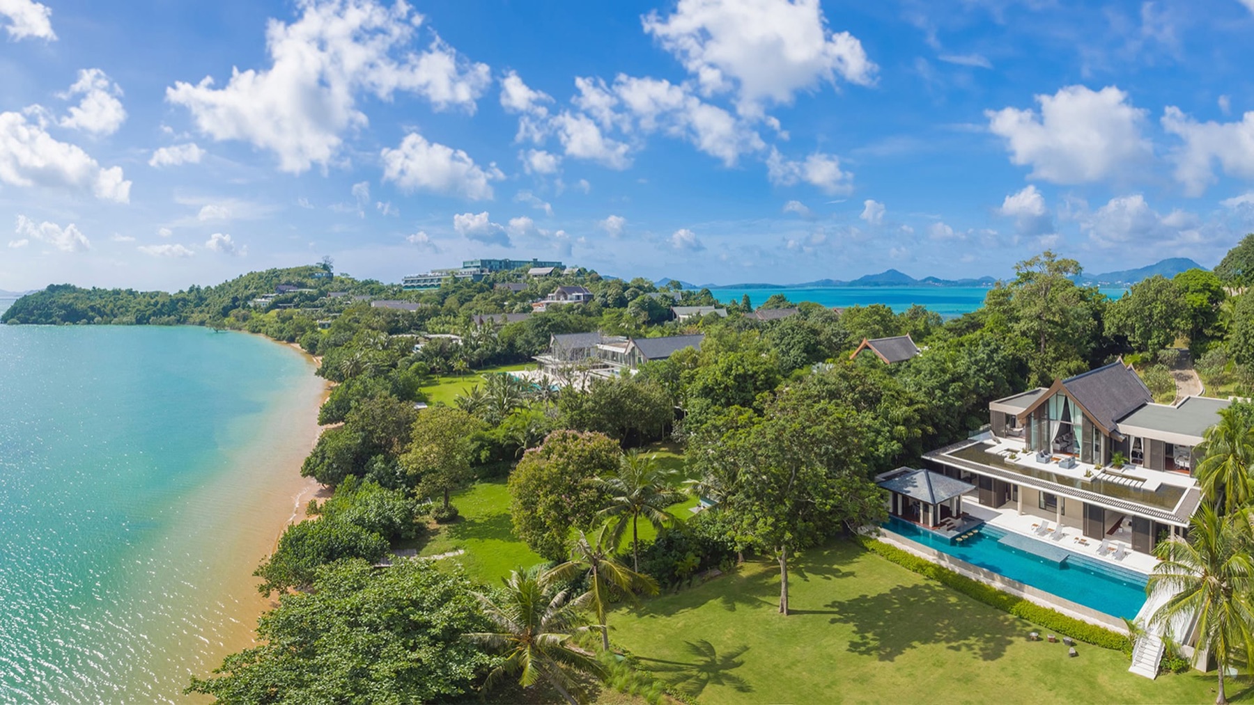 Bayfront estate and shoreline from above